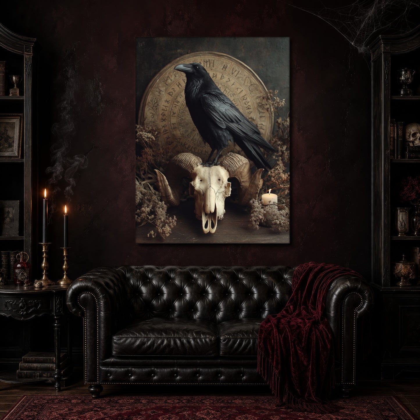 Hrafn canvas hanging above a black tufted Chesterfield sofa draped with a red fringed velvet throw, in a cobwebbed oxblood parlour with brass candlesticks, dark cabinets of books and goblets, and a patterned red rug.