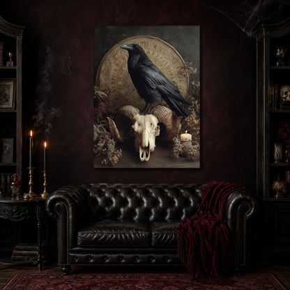 Hrafn canvas hanging above a black tufted Chesterfield sofa draped with a red fringed velvet throw, in a cobwebbed oxblood parlour with brass candlesticks, dark cabinets of books and goblets, and a patterned red rug.