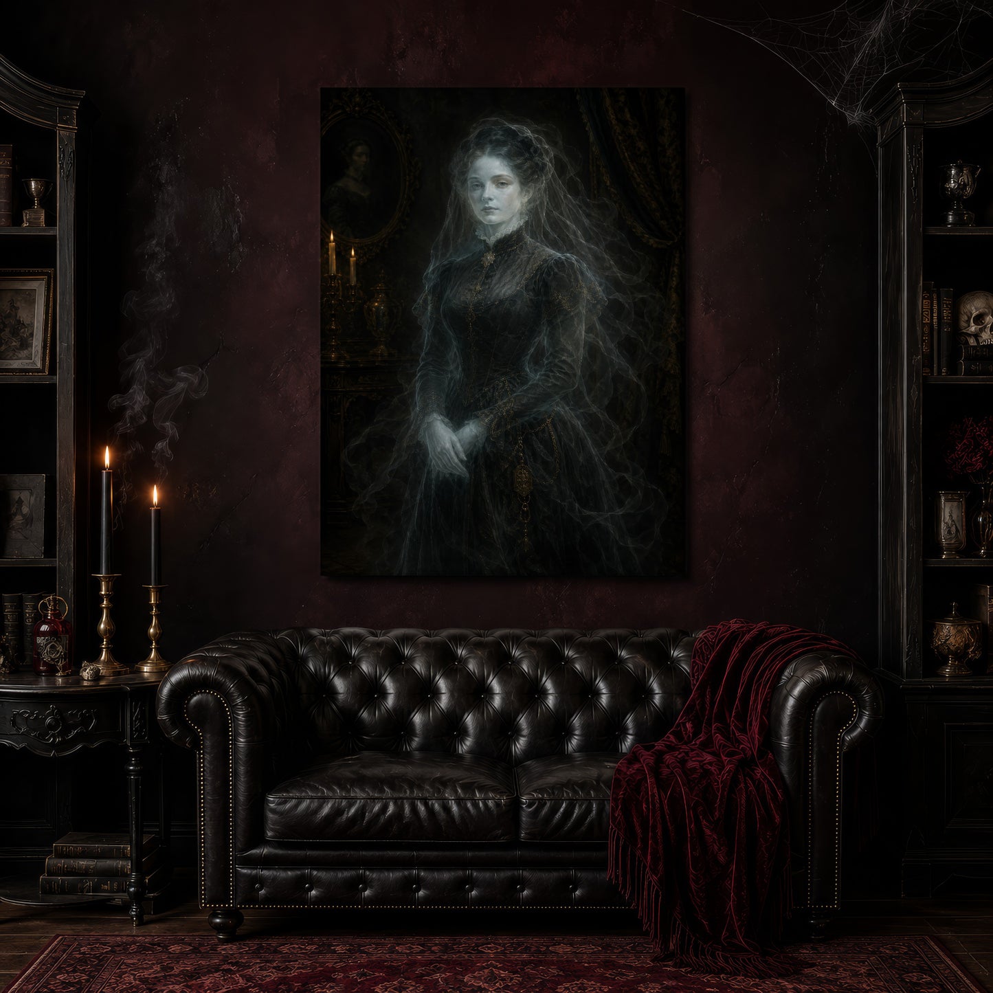 The Grey Lady canvas hanging above a black tufted Chesterfield sofa draped with a red fringed velvet throw, in a cobwebbed oxblood parlour with brass candlesticks, dark cabinets of books and goblets, and a patterned red rug.