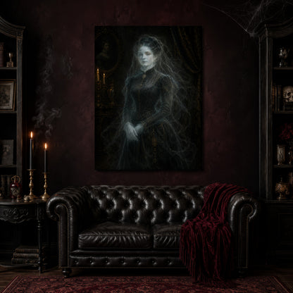 The Grey Lady canvas hanging above a black tufted Chesterfield sofa draped with a red fringed velvet throw, in a cobwebbed oxblood parlour with brass candlesticks, dark cabinets of books and goblets, and a patterned red rug.