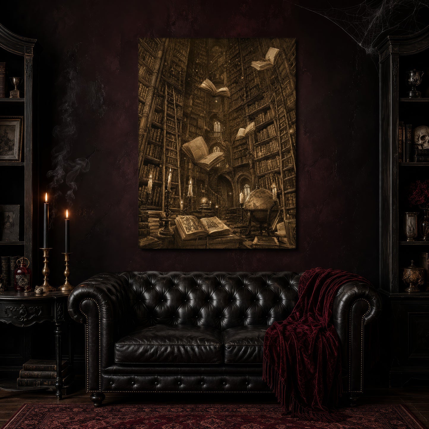 The Untethered Athenaeum canvas hanging above a black tufted Chesterfield sofa draped with a red fringed velvet throw, in a cobwebbed oxblood parlour with brass candlesticks, dark cabinets of books and goblets, and a patterned red rug.