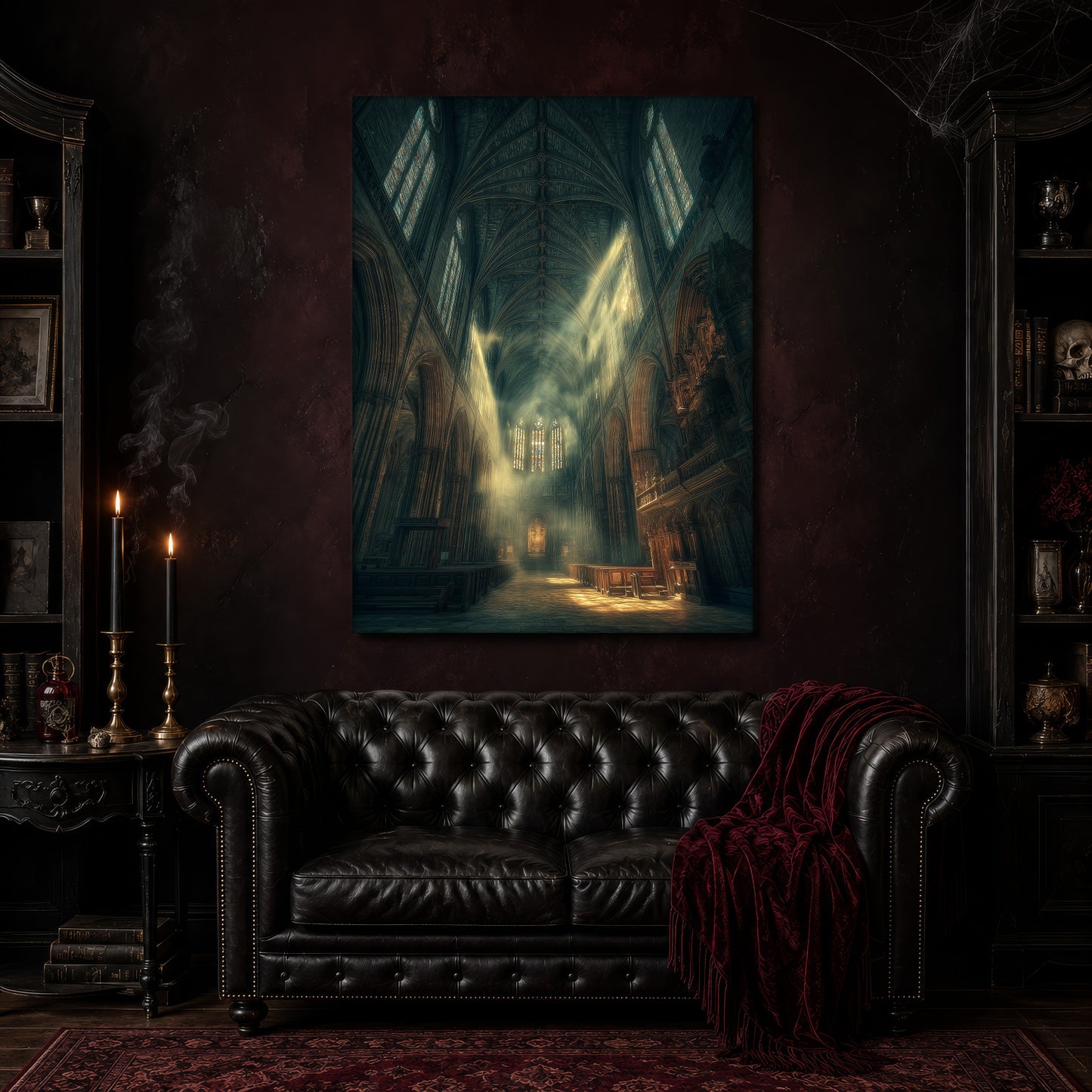 Compline canvas hanging above a black tufted Chesterfield sofa draped with a red fringed velvet throw, in a cobwebbed oxblood parlour with brass candlesticks, dark cabinets of books and goblets, and a patterned red rug.
