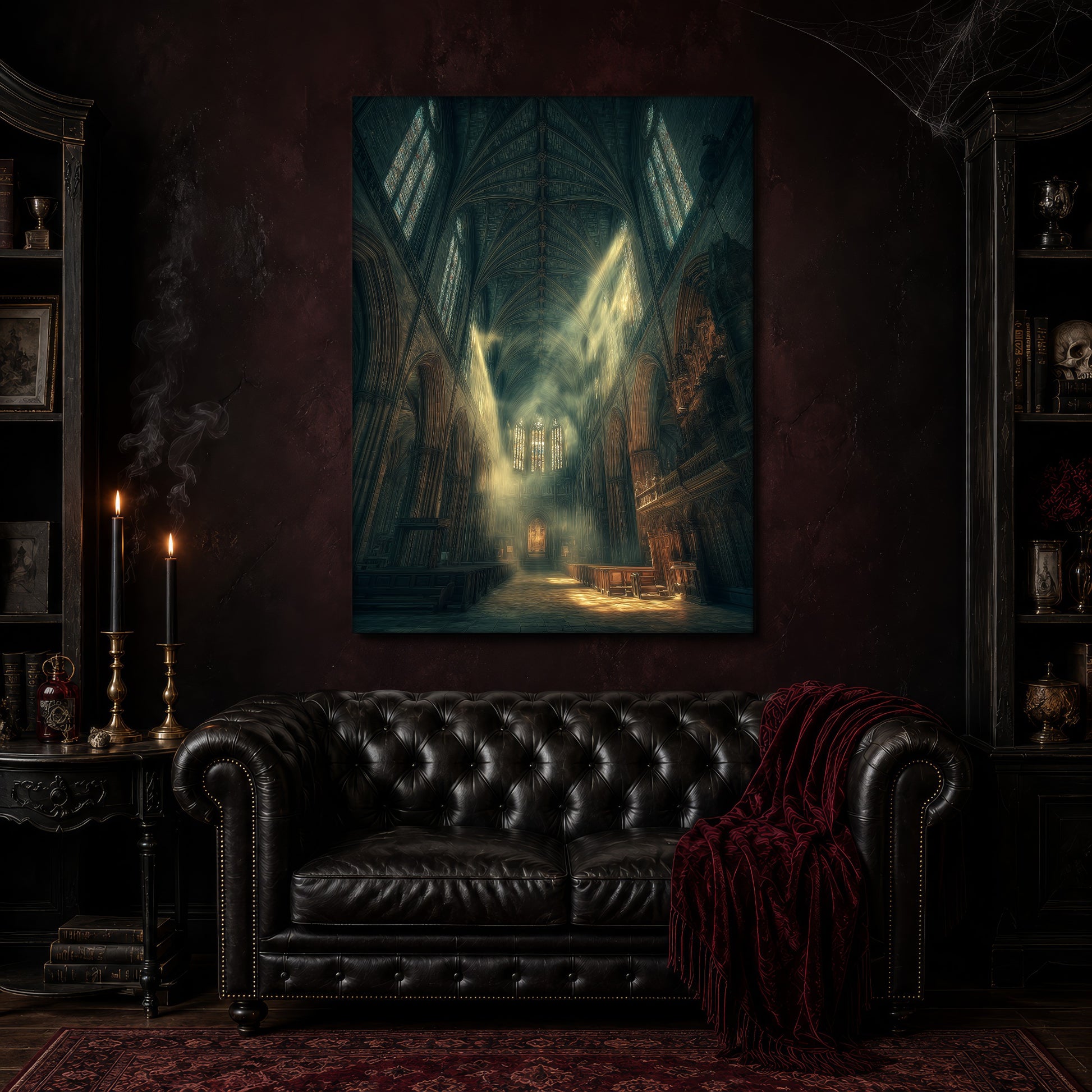 Compline canvas hanging above a black tufted Chesterfield sofa draped with a red fringed velvet throw, in a cobwebbed oxblood parlour with brass candlesticks, dark cabinets of books and goblets, and a patterned red rug.
