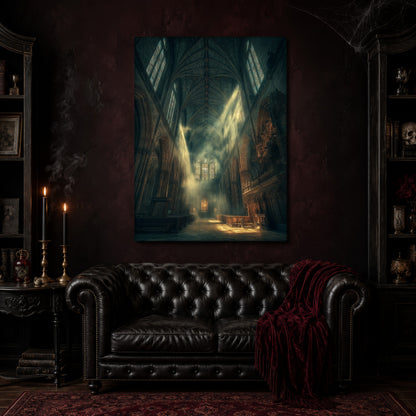 Compline canvas hanging above a black tufted Chesterfield sofa draped with a red fringed velvet throw, in a cobwebbed oxblood parlour with brass candlesticks, dark cabinets of books and goblets, and a patterned red rug.

