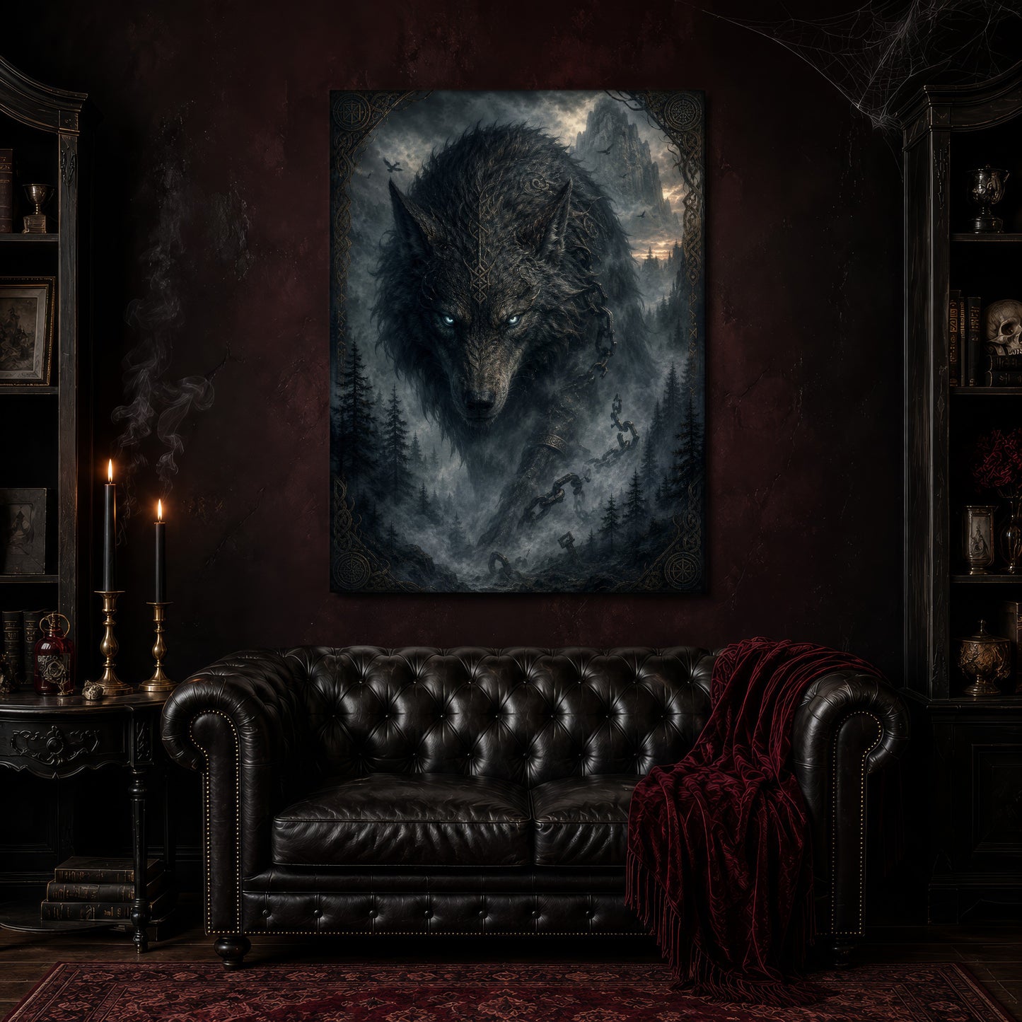 Vanagandr canvas hanging above a black tufted Chesterfield sofa draped with a red fringed velvet throw, in a cobwebbed oxblood parlour with brass candlesticks, dark cabinets of books and goblets, and a patterned red rug.
