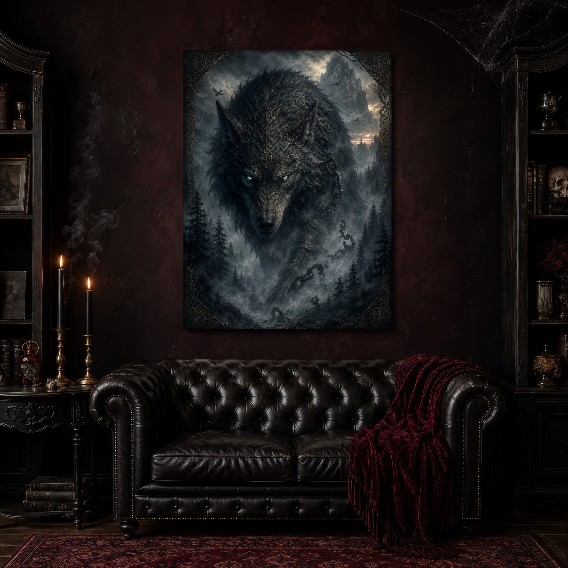 Vanagandr canvas hanging above a black tufted Chesterfield sofa draped with a red fringed velvet throw, in a cobwebbed oxblood parlour with brass candlesticks, dark cabinets of books and goblets, and a patterned red rug.