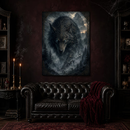 Vanagandr canvas hanging above a black tufted Chesterfield sofa draped with a red fringed velvet throw, in a cobwebbed oxblood parlour with brass candlesticks, dark cabinets of books and goblets, and a patterned red rug.