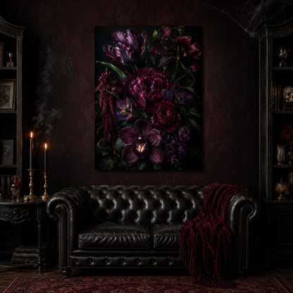 Umbra dark bouquet canvas hanging above a black tufted Chesterfield sofa draped with a red fringed velvet throw, in a cobwebbed oxblood parlour with brass candlesticks, dark cabinets of books and goblets, and a patterned red rug.