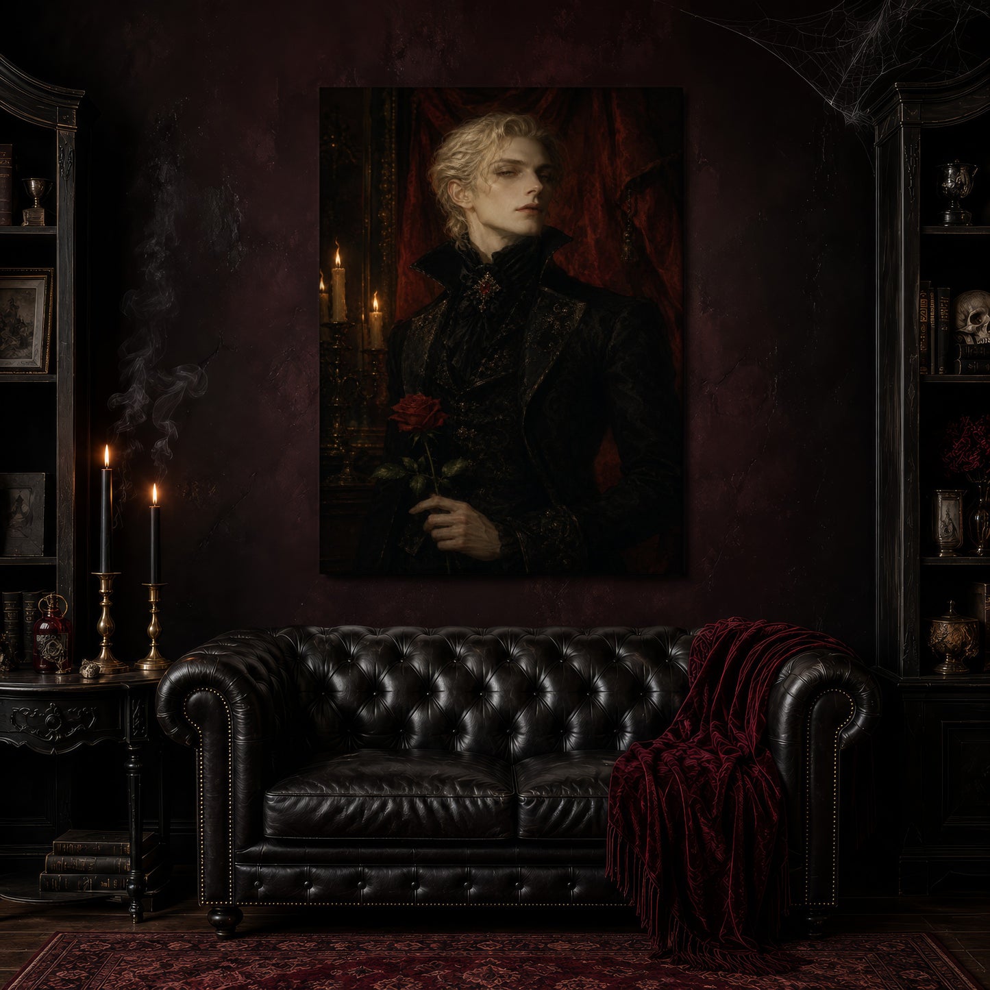 The Aesthete canvas hanging above a black tufted Chesterfield sofa draped with a red fringed velvet throw, in a cobwebbed oxblood parlour with brass candlesticks, dark cabinets of books and goblets, and a patterned red rug.