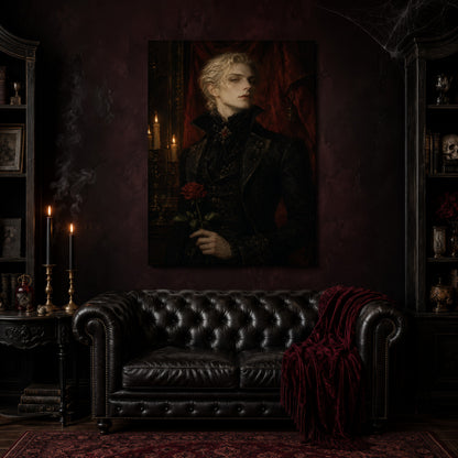 The Aesthete canvas hanging above a black tufted Chesterfield sofa draped with a red fringed velvet throw, in a cobwebbed oxblood parlour with brass candlesticks, dark cabinets of books and goblets, and a patterned red rug.