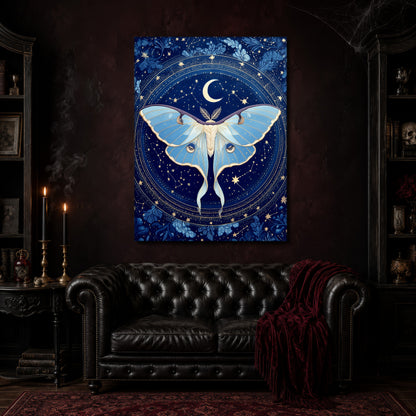 The Blue Hour cobalt moth canvas hanging above a black tufted Chesterfield sofa draped with a red fringed velvet throw, in a cobwebbed oxblood parlour with brass candlesticks, dark cabinets of books and goblets, and a patterned red rug.