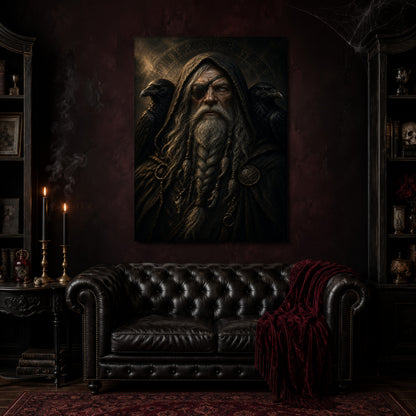 The Allfather canvas hanging above a black tufted Chesterfield sofa draped with a red fringed velvet throw, in a cobwebbed oxblood parlour with brass candlesticks, dark cabinets of books and goblets, and a patterned red rug.