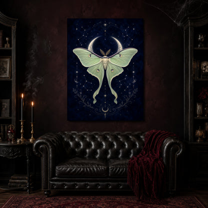 Verdigris moth and moon canvas hanging above a black tufted Chesterfield sofa draped with a red fringed velvet throw, in a cobwebbed oxblood parlour with brass candlesticks, dark cabinets of books and goblets, and a patterned red rug.