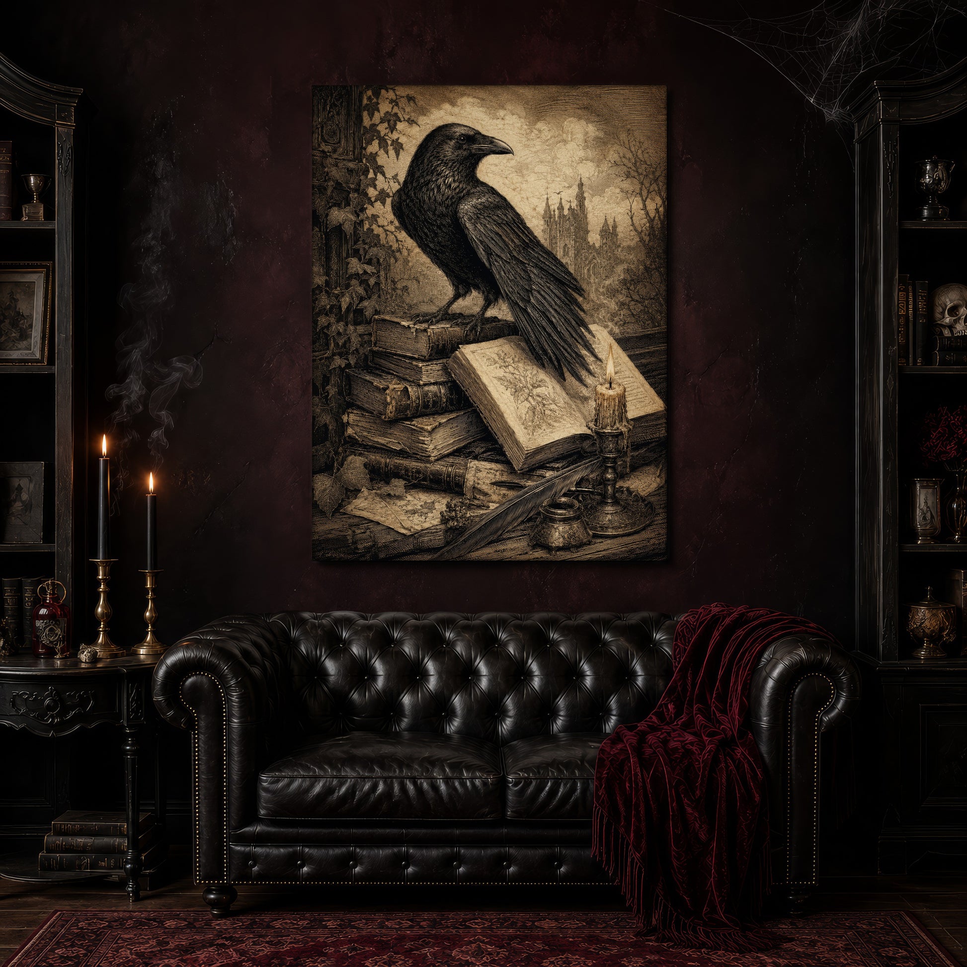 Muninn's Vigil canvas hanging above a black tufted Chesterfield sofa draped with a red fringed velvet throw, in a cobwebbed oxblood parlour with brass candlesticks, dark cabinets of books and goblets, and a patterned red rug.