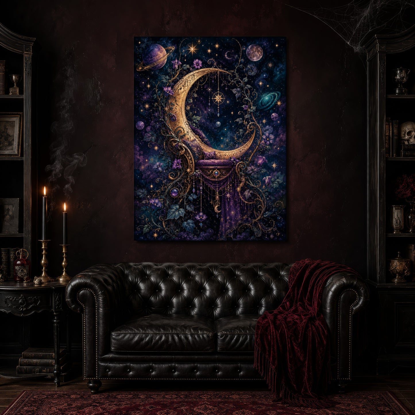 The Crescent Court moon canvas hanging above a black tufted Chesterfield sofa draped with a red fringed velvet throw, in a cobwebbed oxblood parlour with brass candlesticks, dark cabinets of books and goblets, and a patterned red rug.