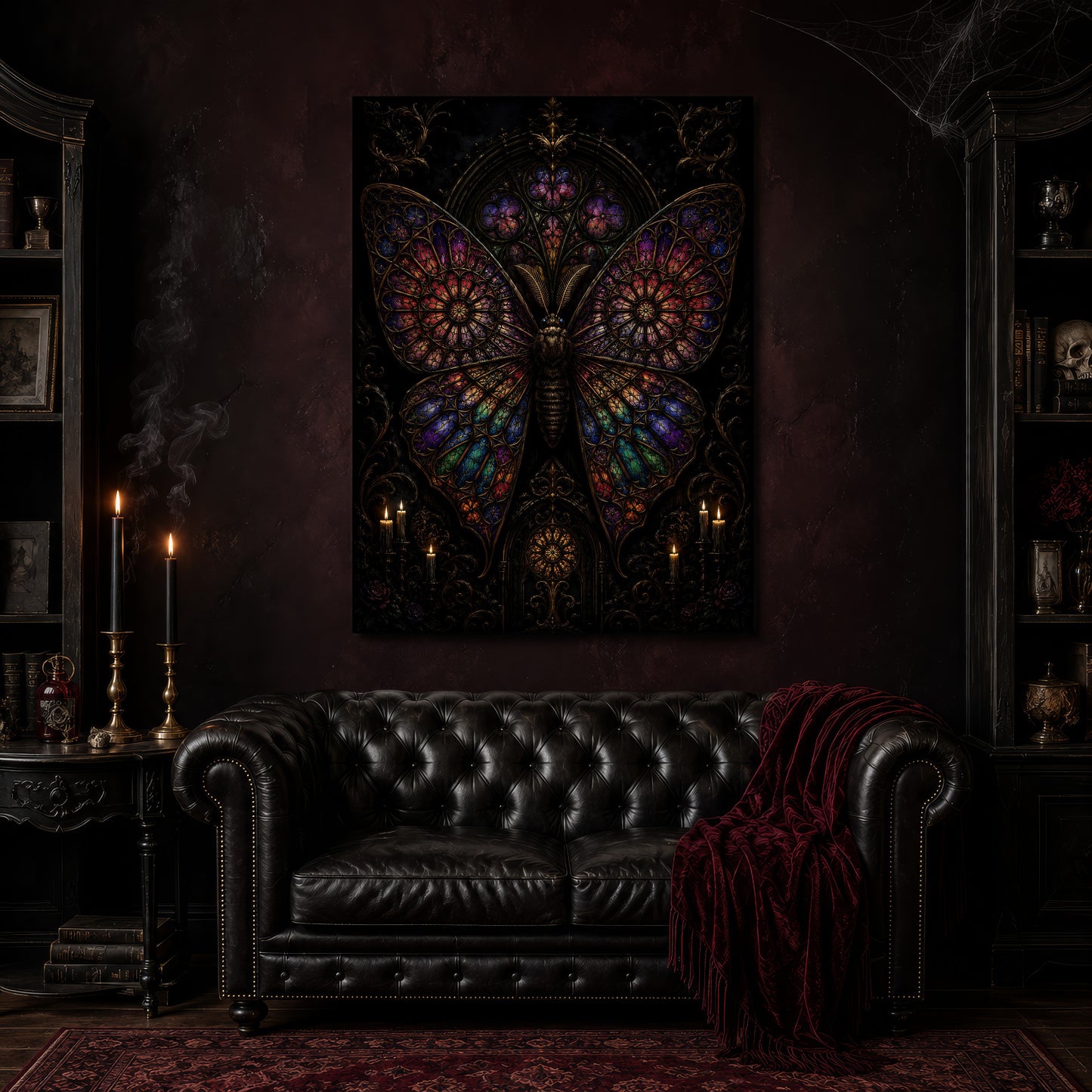 Vitrarium canvas hanging above a black tufted Chesterfield sofa draped with a red fringed velvet throw, in a dark oxblood parlour with brass candlesticks, a bookshelf holding a skull, and a patterned red rug.