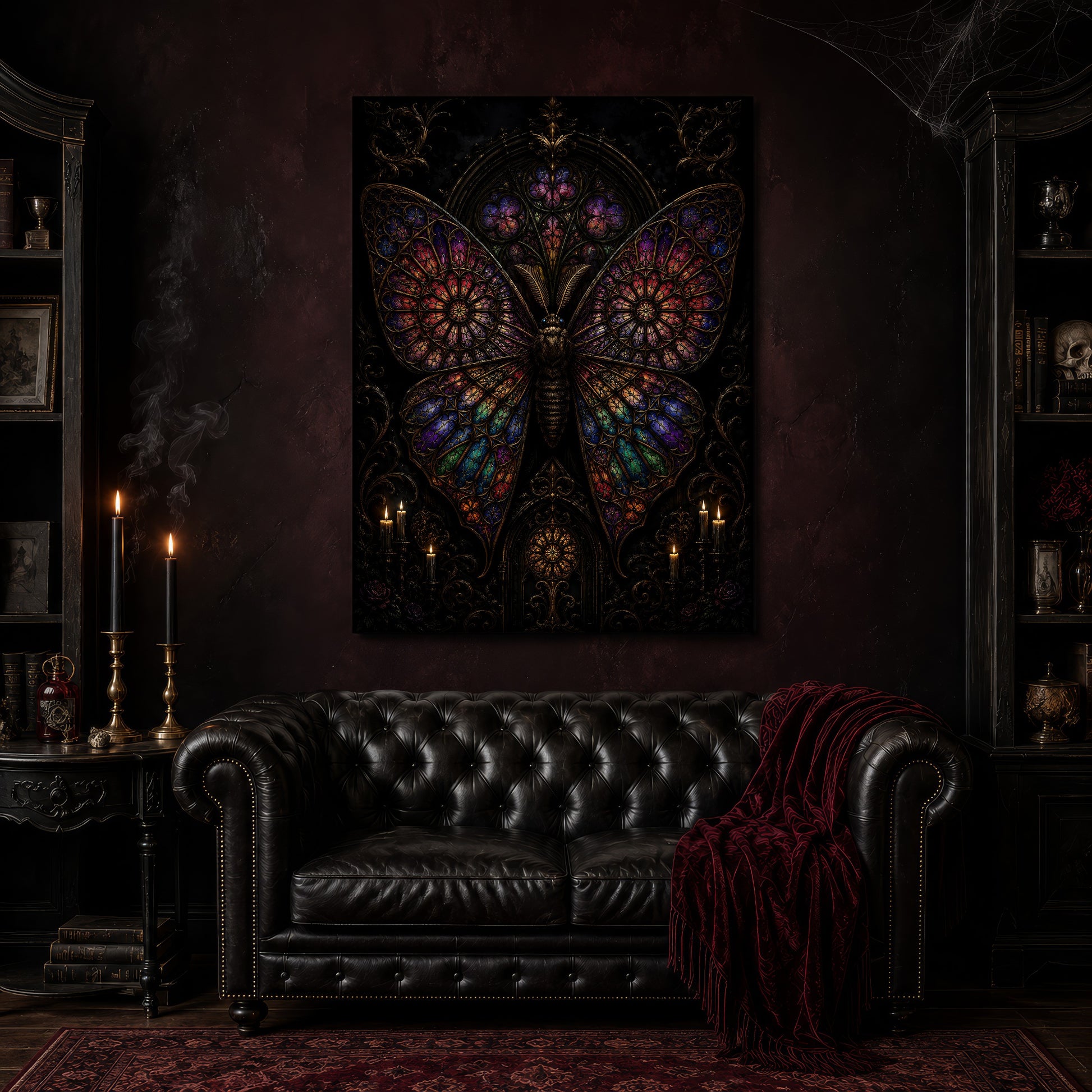 Vitrarium canvas hanging above a black tufted Chesterfield sofa draped with a red fringed velvet throw, in a dark oxblood parlour with brass candlesticks, a bookshelf holding a skull, and a patterned red rug.