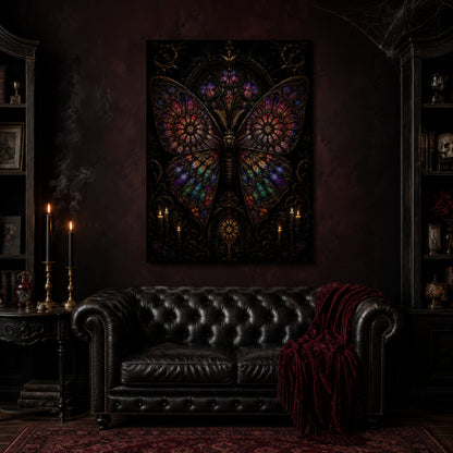 Vitrarium canvas hanging above a black tufted Chesterfield sofa draped with a red fringed velvet throw, in a dark oxblood parlour with brass candlesticks, a bookshelf holding a skull, and a patterned red rug.