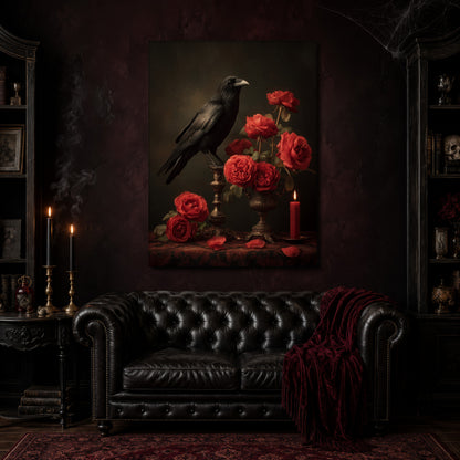 Vermilion canvas hanging above a black tufted Chesterfield sofa draped with a red fringed velvet throw, in a cobwebbed oxblood parlour with brass candlesticks, dark cabinets of books and goblets, and a patterned red rug.
