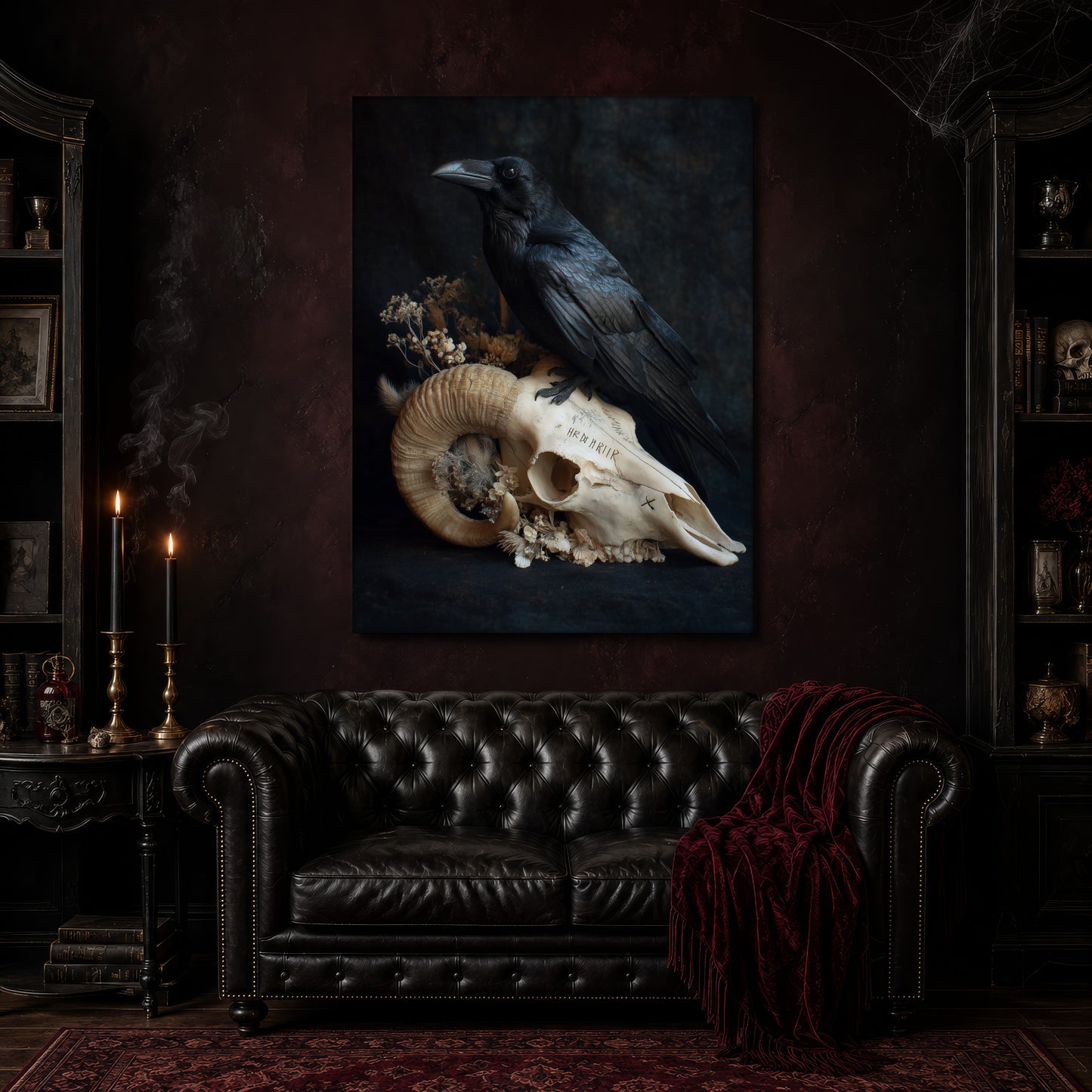 Hel canvas hanging above a black tufted Chesterfield sofa draped with a red fringed velvet throw, in a cobwebbed oxblood parlour with brass candlesticks, dark cabinets of books and goblets, and a patterned red rug.