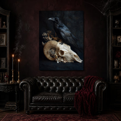 Hel canvas hanging above a black tufted Chesterfield sofa draped with a red fringed velvet throw, in a cobwebbed oxblood parlour with brass candlesticks, dark cabinets of books and goblets, and a patterned red rug.