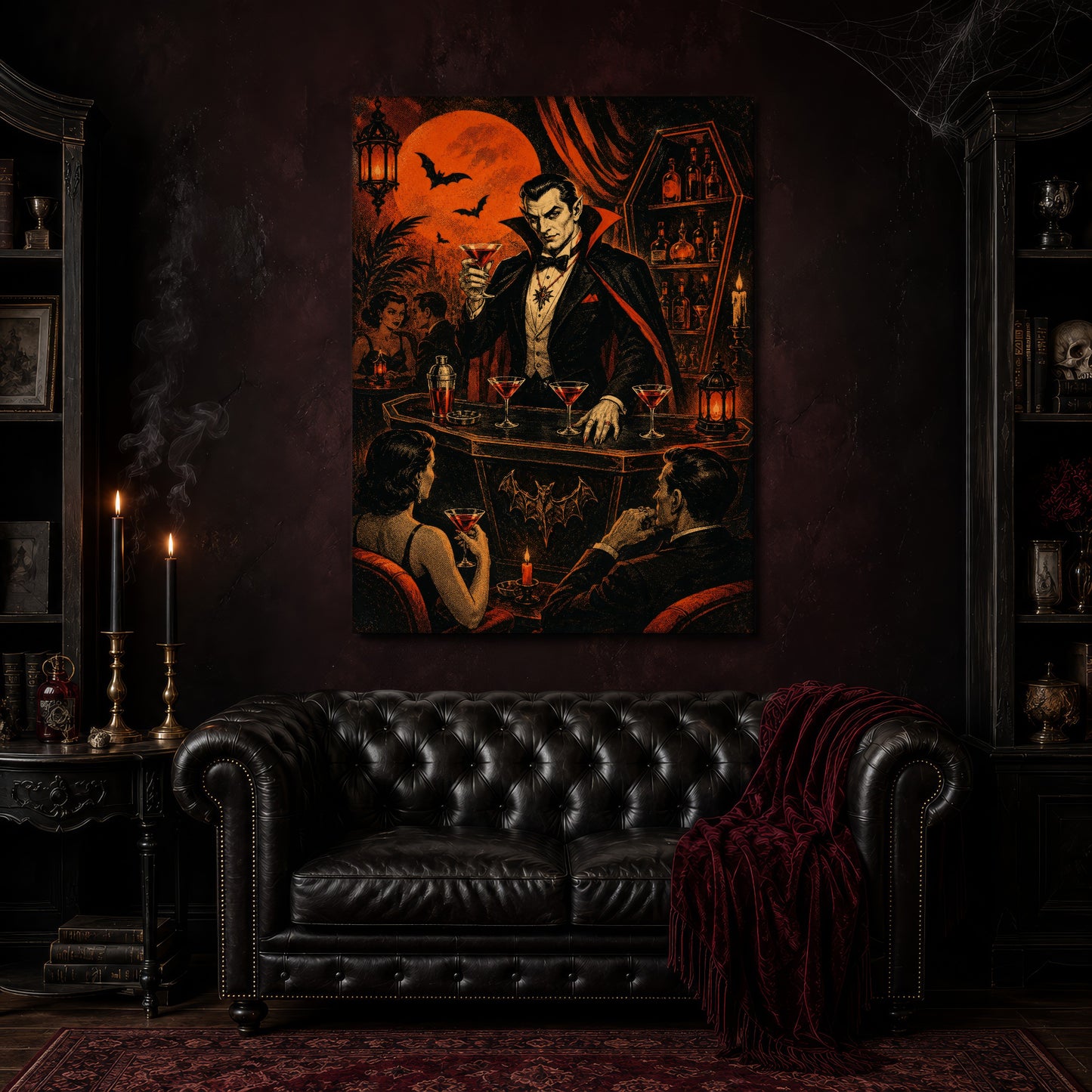 Shaken Not Staked canvas hanging above a black tufted Chesterfield sofa draped with a red fringed velvet throw, in a cobwebbed oxblood parlour with brass candlesticks, dark cabinets of books and goblets, and a patterned red rug.