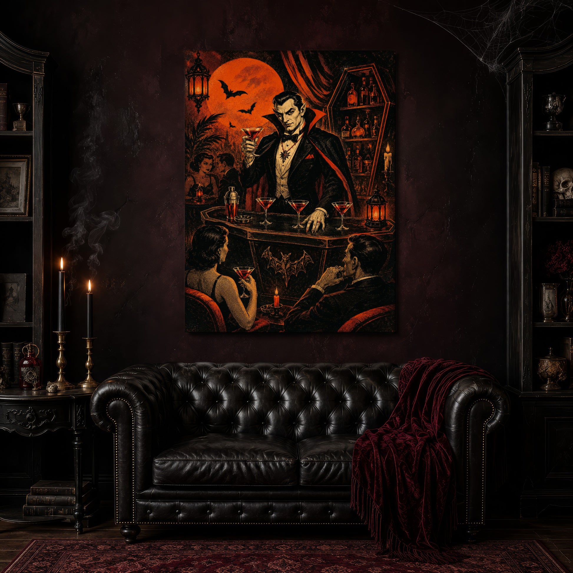 Shaken Not Staked canvas hanging above a black tufted Chesterfield sofa draped with a red fringed velvet throw, in a cobwebbed oxblood parlour with brass candlesticks, dark cabinets of books and goblets, and a patterned red rug.