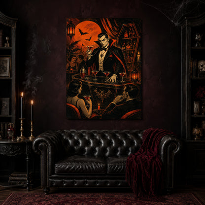 Shaken Not Staked canvas hanging above a black tufted Chesterfield sofa draped with a red fringed velvet throw, in a cobwebbed oxblood parlour with brass candlesticks, dark cabinets of books and goblets, and a patterned red rug.