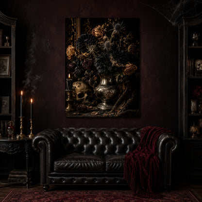 Threnody canvas hanging above a black tufted Chesterfield sofa draped with a red fringed velvet throw, in a cobwebbed oxblood parlour with brass candlesticks, dark cabinets of books and goblets, and a patterned red rug.