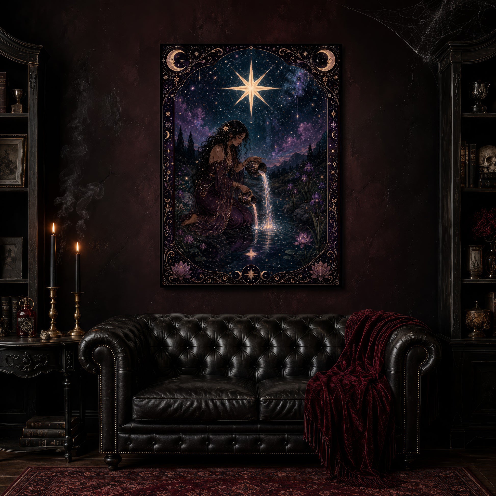 Nocturne Tarot: The Star canvas hanging above a black tufted Chesterfield sofa draped with a red fringed velvet throw, in a cobwebbed oxblood parlour with brass candlesticks, dark cabinets of books and goblets, and a patterned red rug.