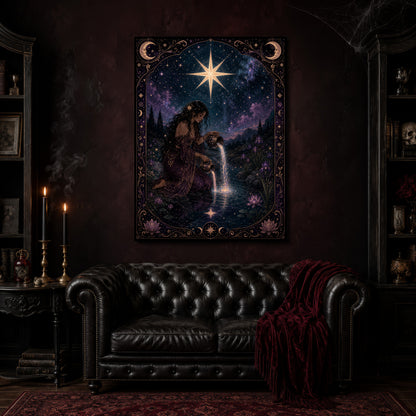 Nocturne Tarot: The Star canvas hanging above a black tufted Chesterfield sofa draped with a red fringed velvet throw, in a cobwebbed oxblood parlour with brass candlesticks, dark cabinets of books and goblets, and a patterned red rug.