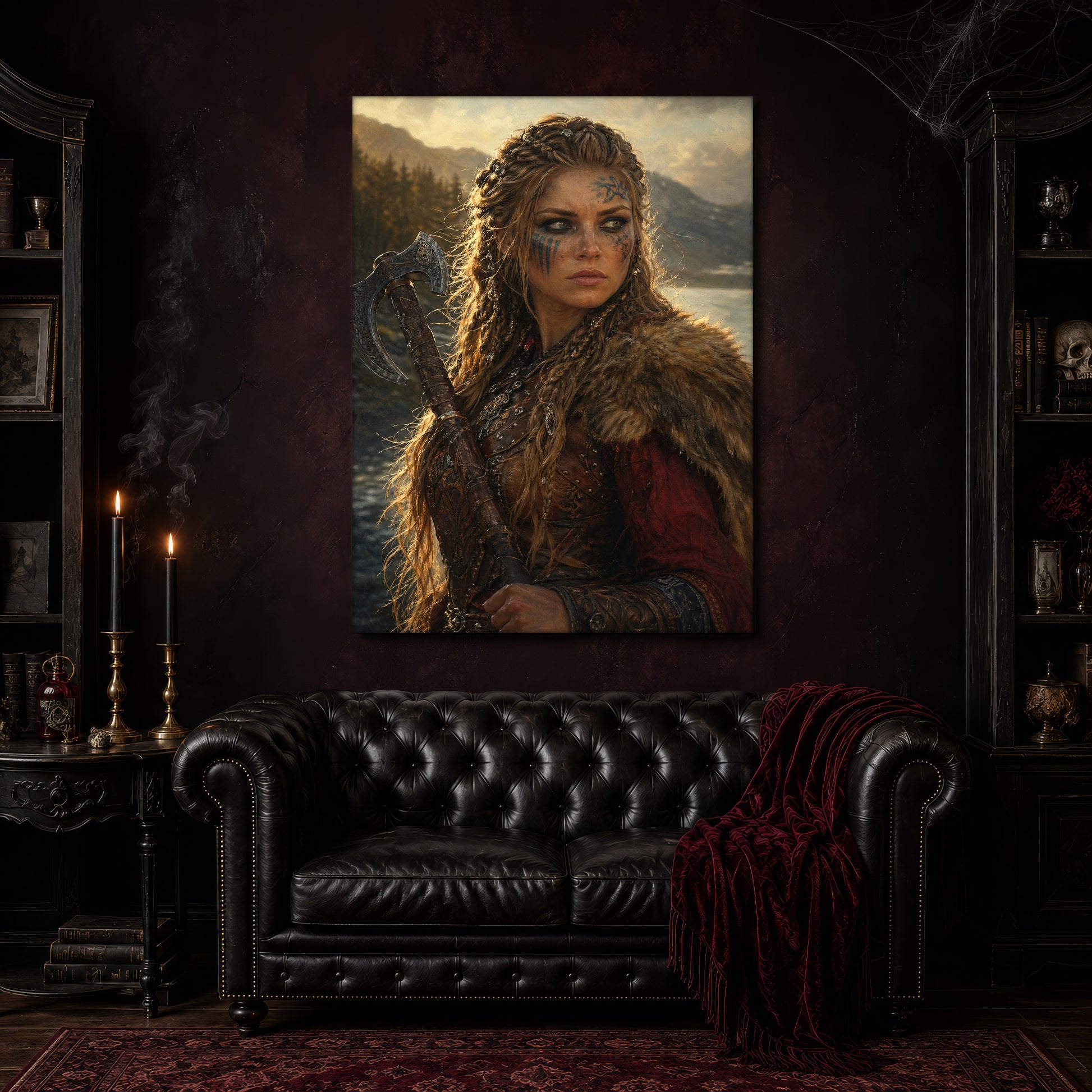 Shieldmaiden canvas hanging above a black tufted Chesterfield sofa draped with a red fringed velvet throw, in a cobwebbed oxblood parlour with brass candlesticks, dark cabinets of books and goblets, and a patterned red rug.