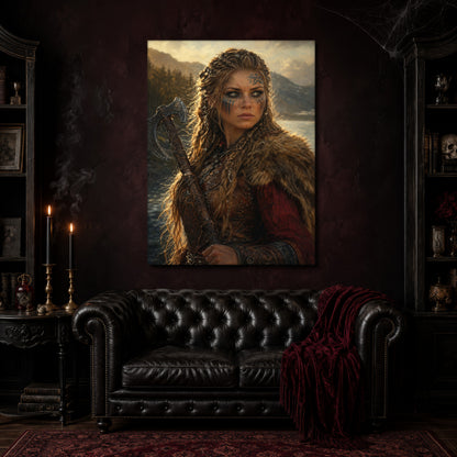 Shieldmaiden canvas hanging above a black tufted Chesterfield sofa draped with a red fringed velvet throw, in a cobwebbed oxblood parlour with brass candlesticks, dark cabinets of books and goblets, and a patterned red rug.