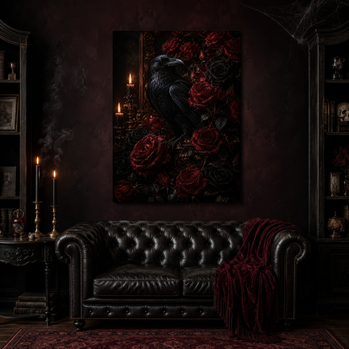 Lenore gothic canvas hanging above a black tufted Chesterfield sofa draped with a red fringed velvet throw, in a cobwebbed oxblood parlour with brass candlesticks, dark cabinets of books and goblets, and a patterned red rug.