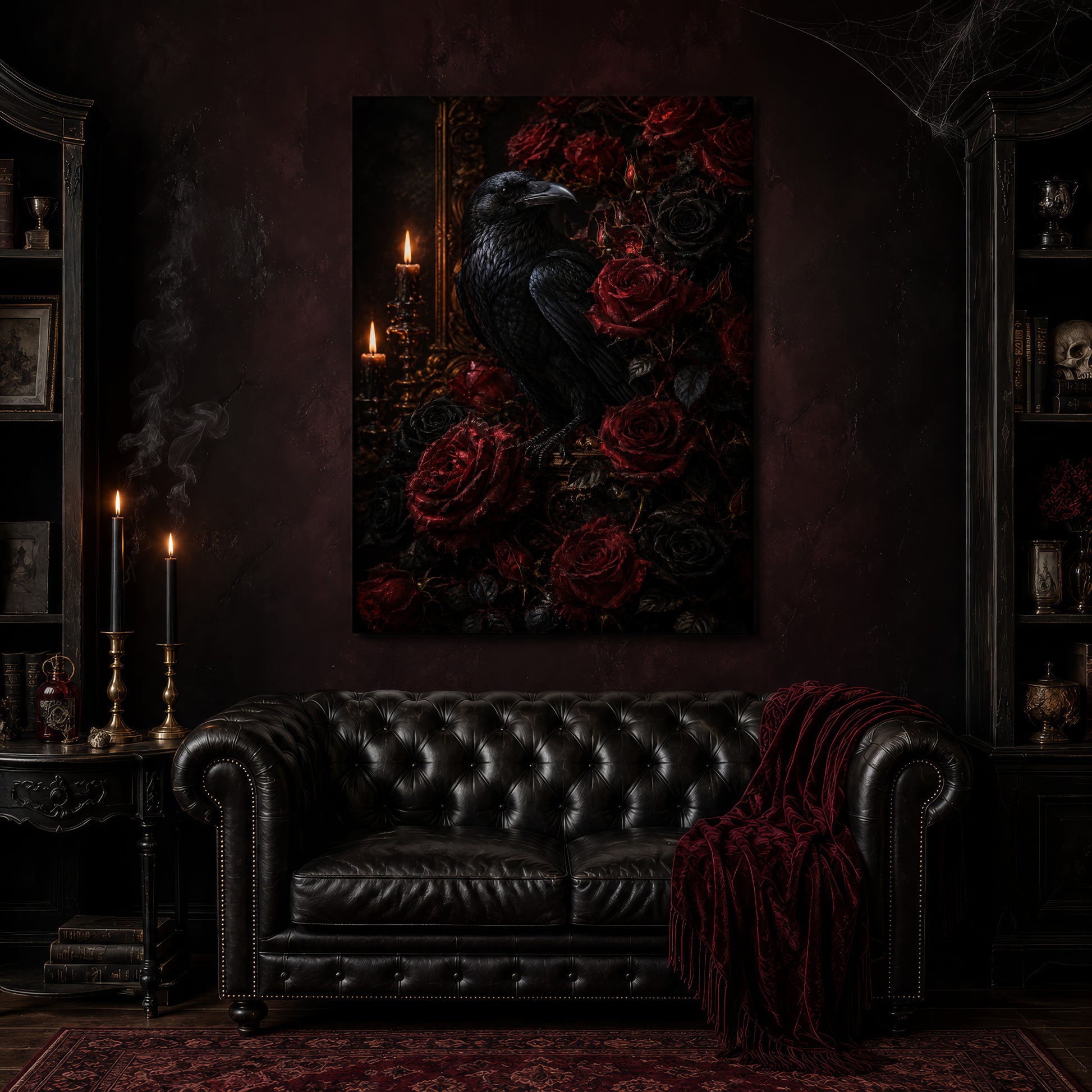 Lenore gothic canvas hanging above a black tufted Chesterfield sofa draped with a red fringed velvet throw, in a cobwebbed oxblood parlour with brass candlesticks, dark cabinets of books and goblets, and a patterned red rug.