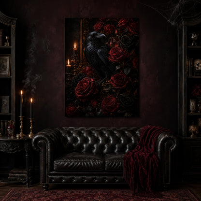 Lenore gothic canvas hanging above a black tufted Chesterfield sofa draped with a red fringed velvet throw, in a cobwebbed oxblood parlour with brass candlesticks, dark cabinets of books and goblets, and a patterned red rug.