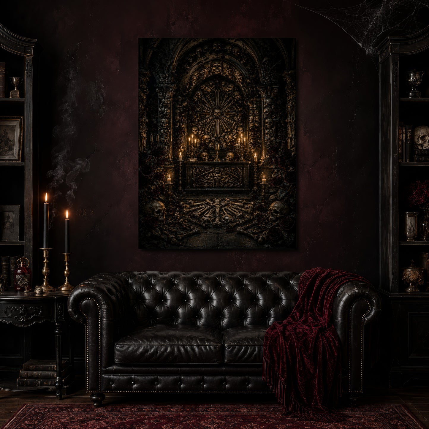 Charnel canvas hanging above a black tufted Chesterfield sofa draped with a red fringed velvet throw, in a cobwebbed oxblood parlour with brass candlesticks, dark cabinets of books and goblets, and a patterned red rug.