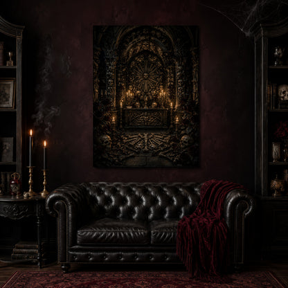 Charnel canvas hanging above a black tufted Chesterfield sofa draped with a red fringed velvet throw, in a cobwebbed oxblood parlour with brass candlesticks, dark cabinets of books and goblets, and a patterned red rug.