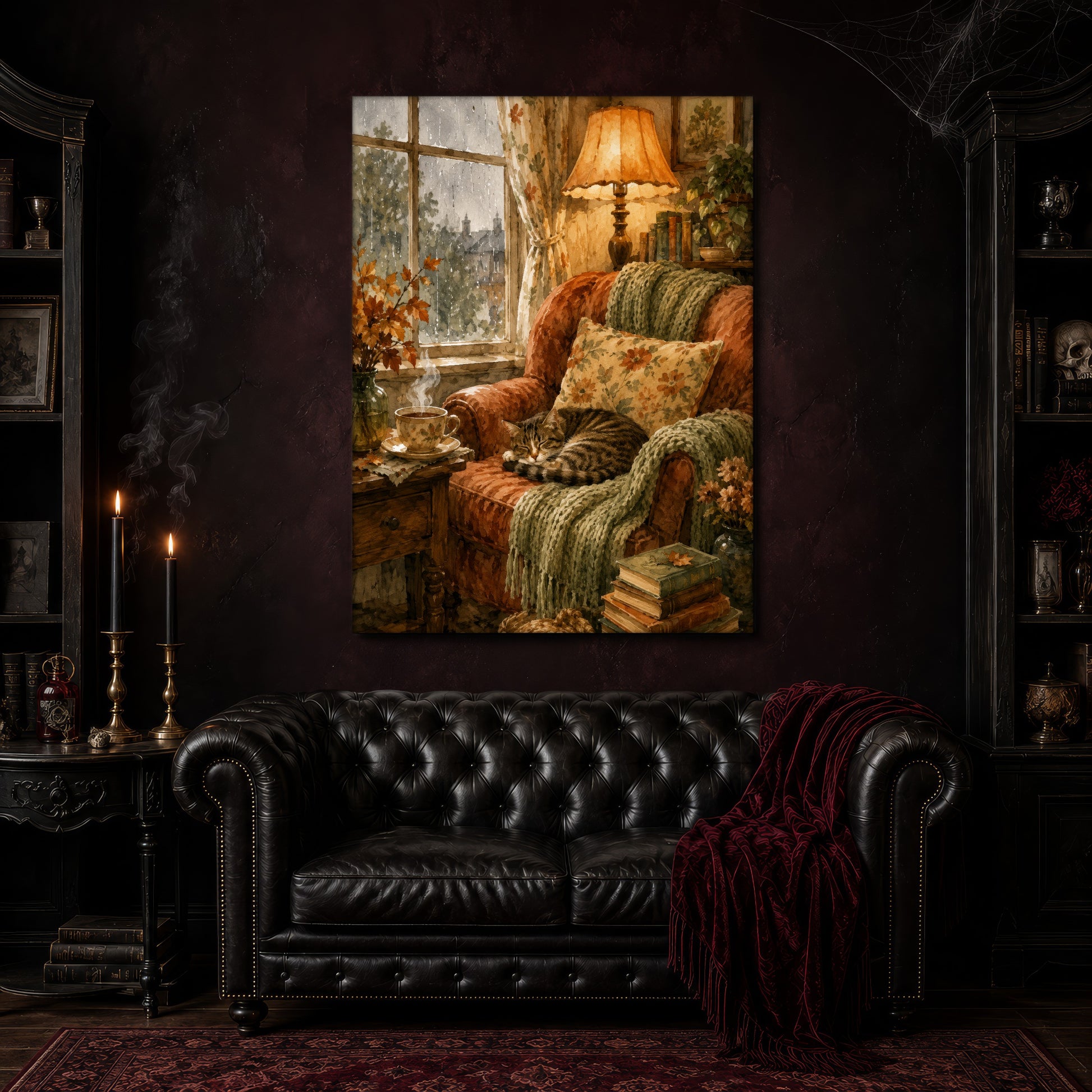 Tabby's Teatime Nap canvas hanging on a deep oxblood wall above a black leather Chesterfield sofa with a burgundy throw, beside a side table with brass candlesticks and a bookshelf holding a skull.