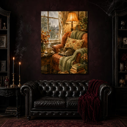 Tabby's Teatime Nap canvas hanging on a deep oxblood wall above a black leather Chesterfield sofa with a burgundy throw, beside a side table with brass candlesticks and a bookshelf holding a skull.