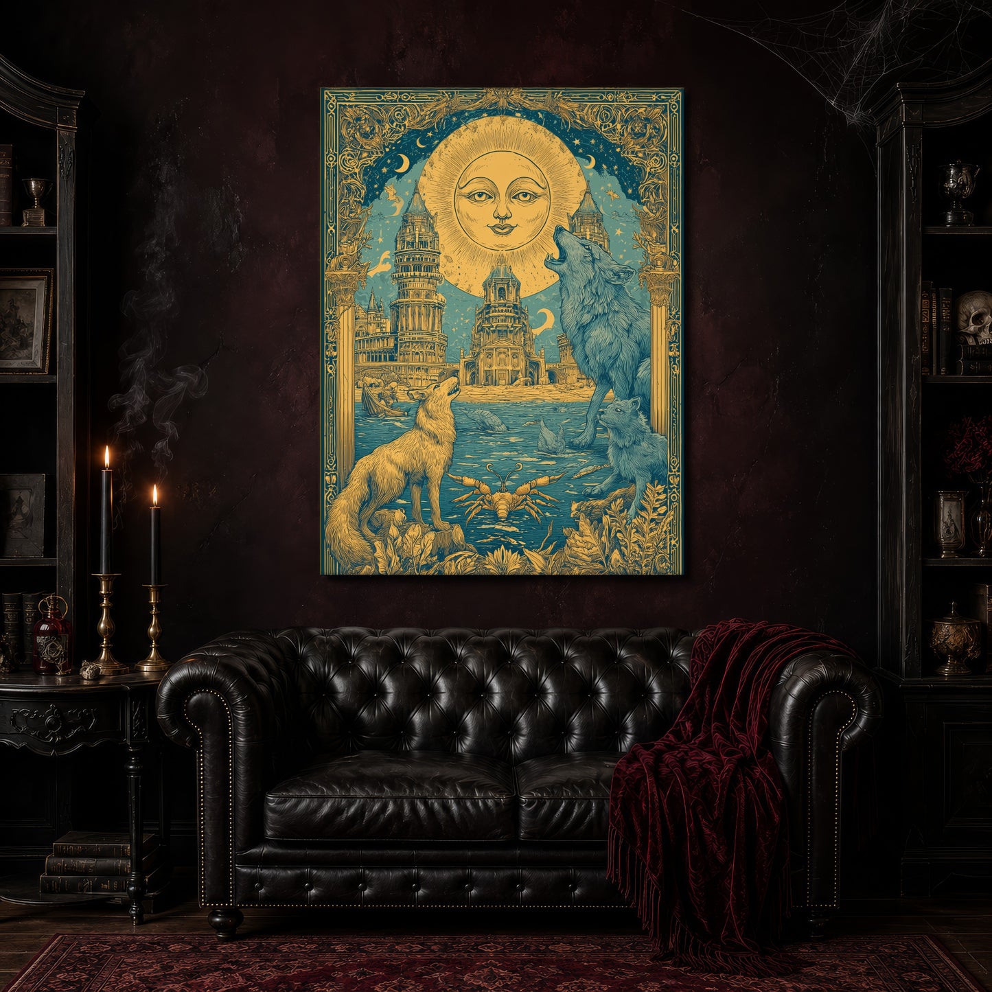 The Sunken Court wolf poster canvas hanging above a black tufted Chesterfield sofa draped with a red fringed velvet throw, in a cobwebbed oxblood parlour with brass candlesticks, dark cabinets of books and goblets, and a patterned red rug.