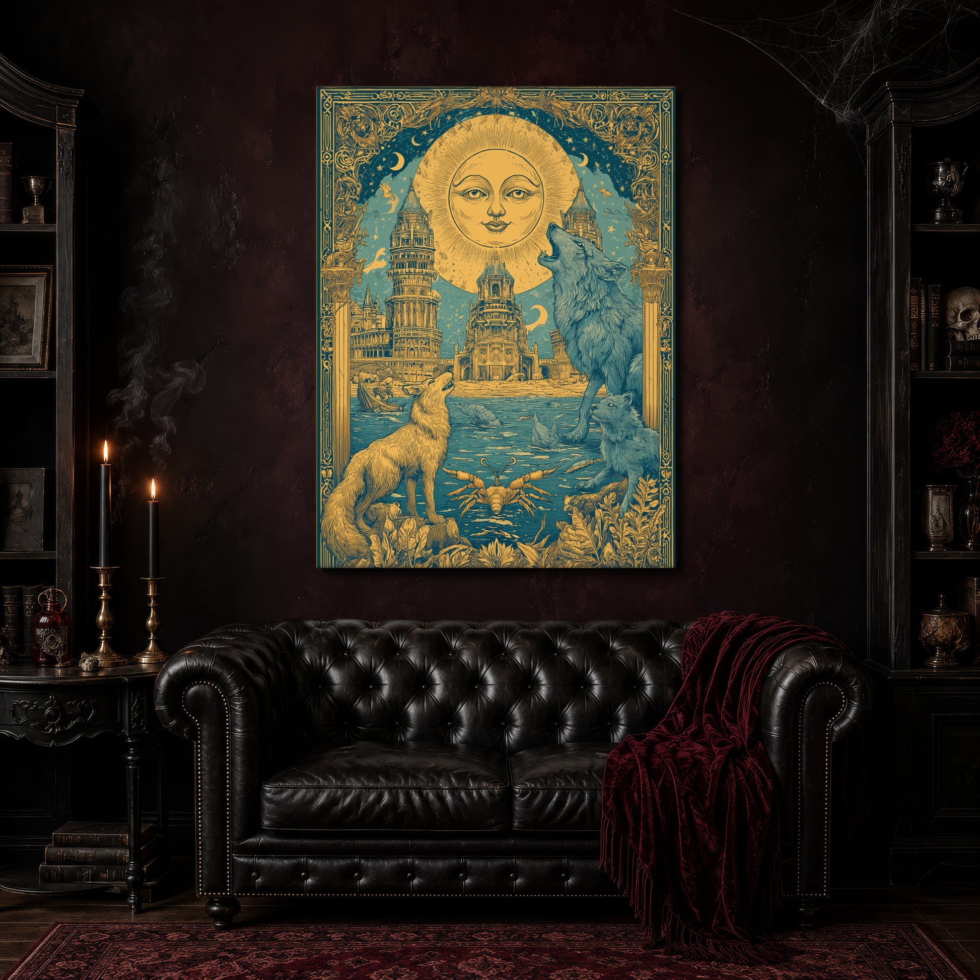 The Sunken Court wolf poster canvas hanging above a black tufted Chesterfield sofa draped with a red fringed velvet throw, in a cobwebbed oxblood parlour with brass candlesticks, dark cabinets of books and goblets, and a patterned red rug.