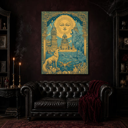 The Sunken Court wolf poster canvas hanging above a black tufted Chesterfield sofa draped with a red fringed velvet throw, in a cobwebbed oxblood parlour with brass candlesticks, dark cabinets of books and goblets, and a patterned red rug.