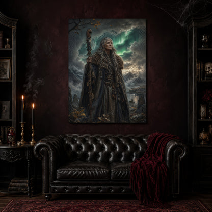 Spákona canvas hanging above a black tufted Chesterfield sofa draped with a red fringed velvet throw, in a cobwebbed oxblood parlour with brass candlesticks, dark cabinets of books and goblets, and a patterned red rug.