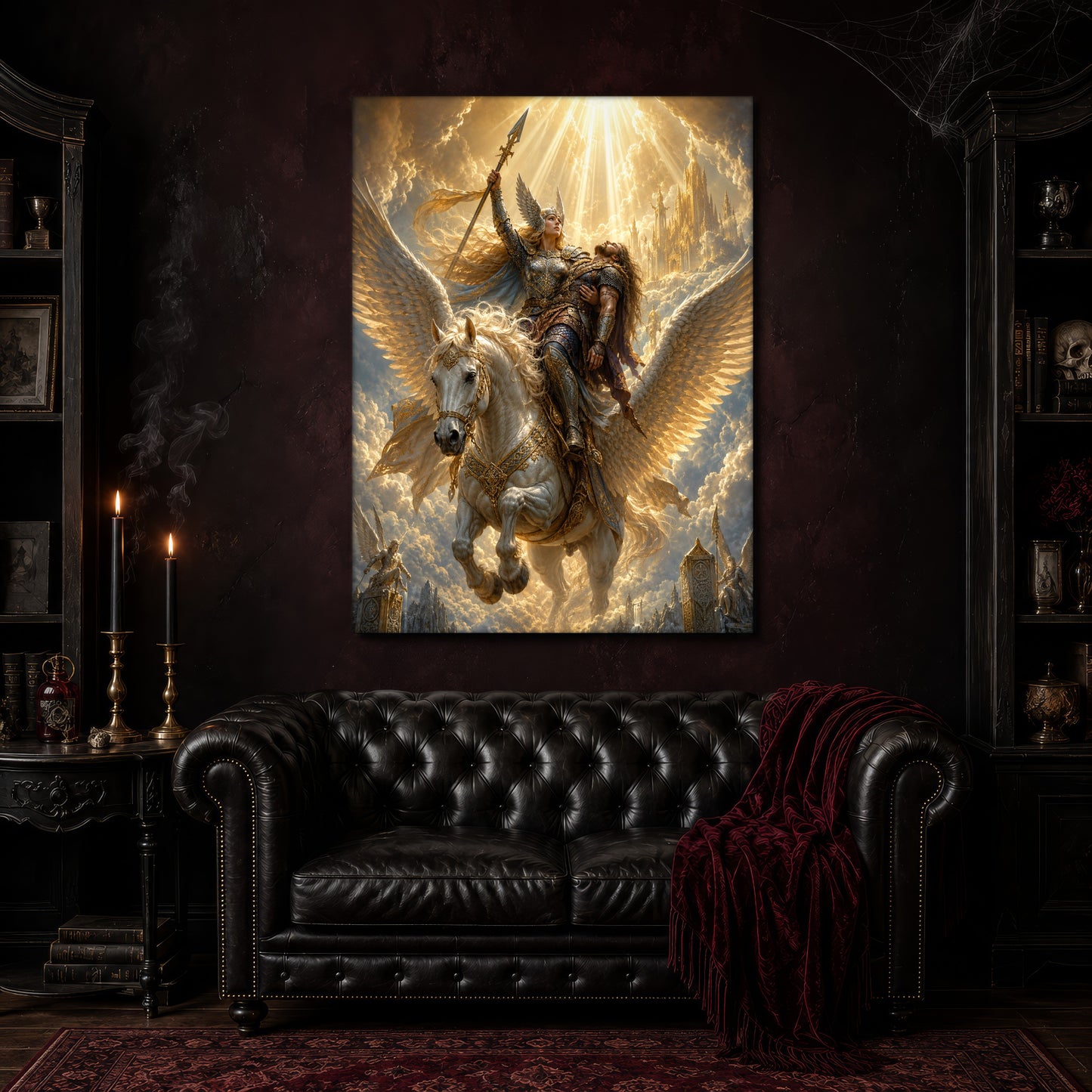 Valkyrie canvas hanging above a black tufted Chesterfield sofa draped with a red fringed velvet throw, in a cobwebbed oxblood parlour with brass candlesticks, dark cabinets of books and goblets, and a patterned red rug.