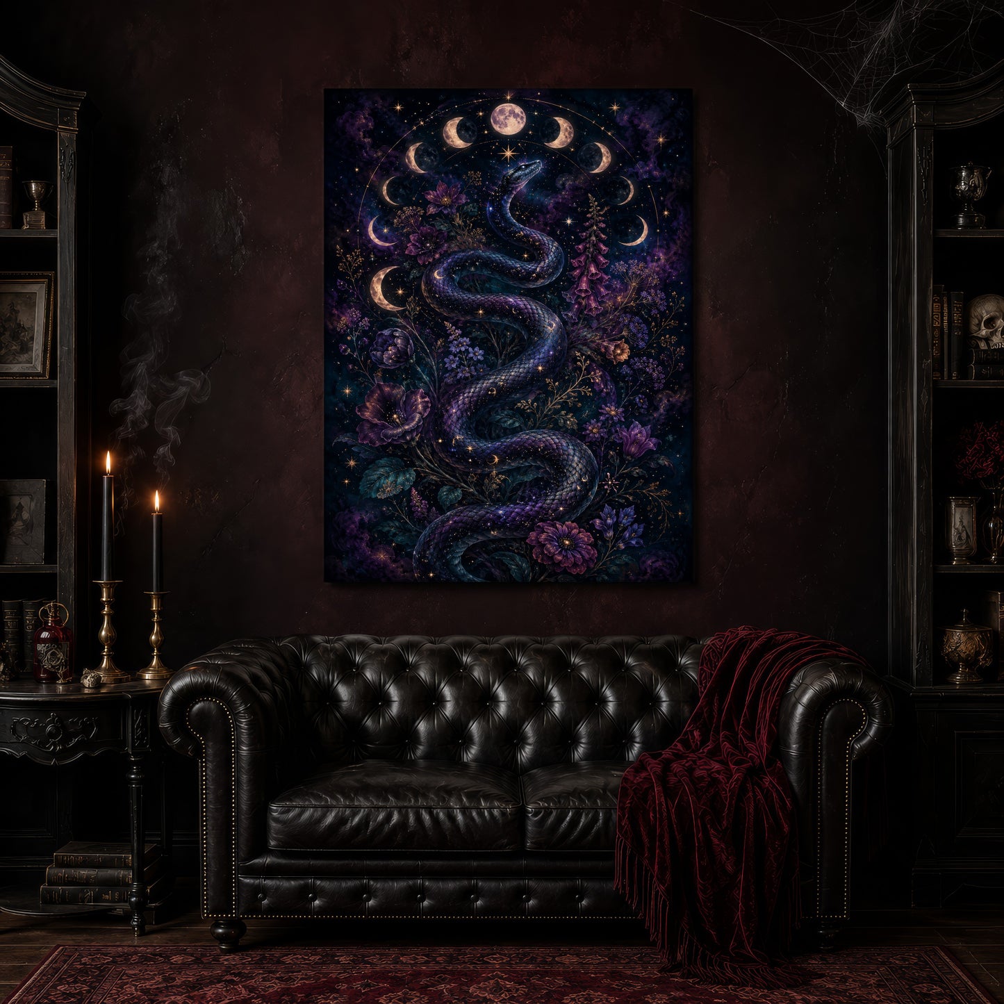 Celestial Serpent canvas hanging above a black tufted Chesterfield sofa draped with a red fringed velvet throw, in a cobwebbed oxblood parlour with brass candlesticks, dark cabinets of books and goblets, and a patterned red rug.