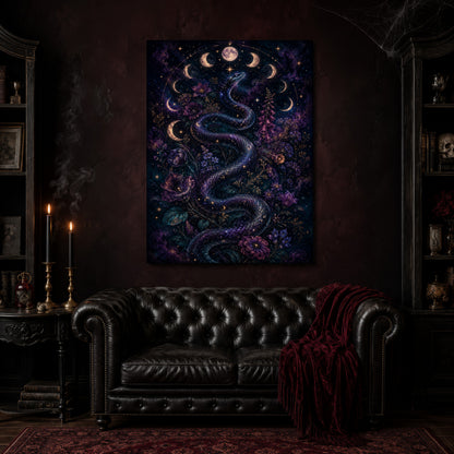 Celestial Serpent canvas hanging above a black tufted Chesterfield sofa draped with a red fringed velvet throw, in a cobwebbed oxblood parlour with brass candlesticks, dark cabinets of books and goblets, and a patterned red rug.