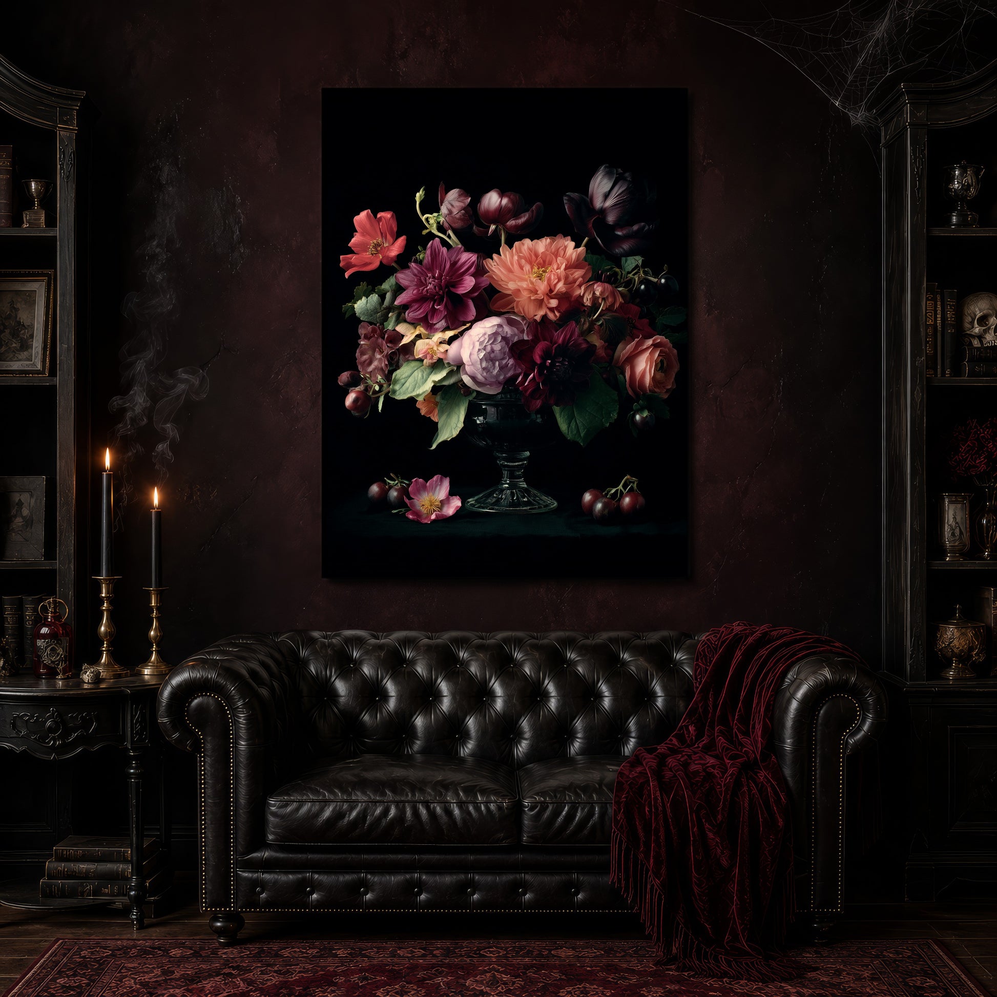 Tazza canvas hanging above a black tufted Chesterfield sofa draped with a red fringed velvet throw, in a cobwebbed oxblood parlour with brass candlesticks, dark cabinets of books and goblets, and a patterned red rug.
