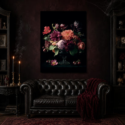 Tazza canvas hanging above a black tufted Chesterfield sofa draped with a red fringed velvet throw, in a cobwebbed oxblood parlour with brass candlesticks, dark cabinets of books and goblets, and a patterned red rug.