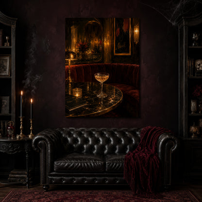 Nuit canvas hanging above a black tufted Chesterfield sofa draped with a red fringed velvet throw, in a cobwebbed oxblood parlour with brass candlesticks, dark cabinets of books and goblets, and a patterned red rug.